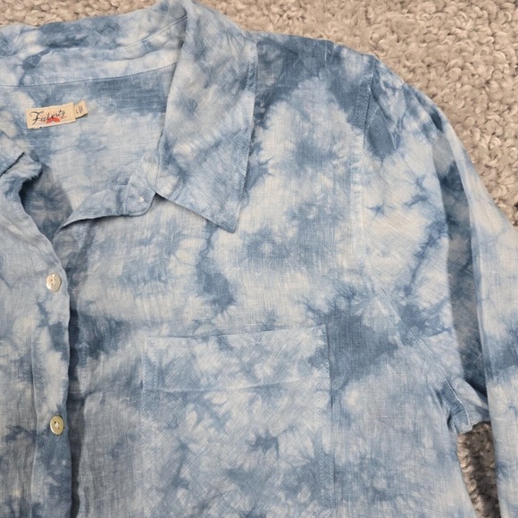 Faherty Shirt Womens Large Blue Tie Dye Long‎ Sleeve Button Linen Coastal Beach - Picture 3 of 11